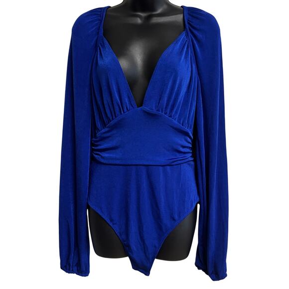 Free People Tops - Free People Intimately Bodysuit Large Blue Long Sleeve Deep V Stretch NWT New